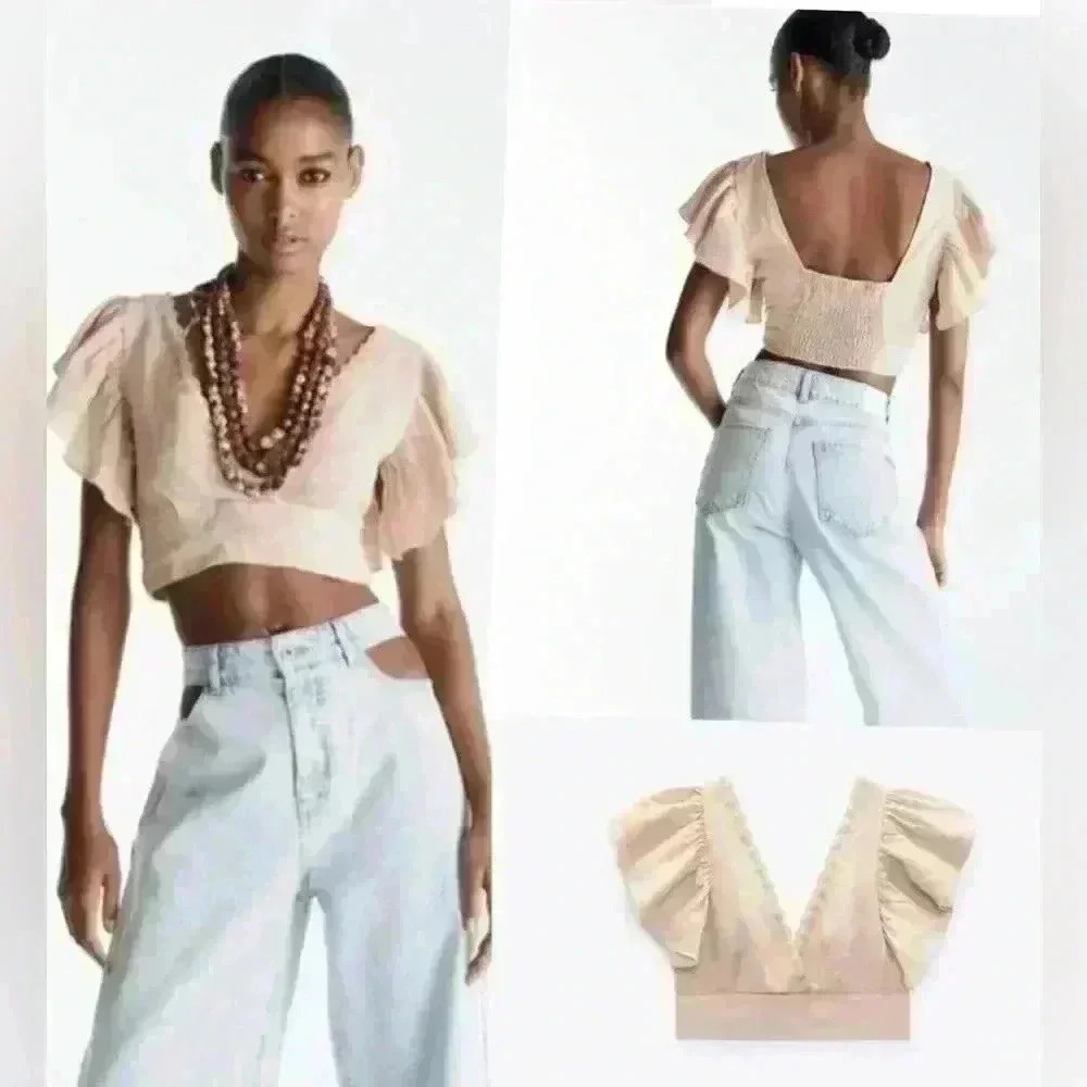 ZARA Linen Blend Crop Top Boho embroidered size  M